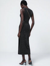 Aveloria Modichic Elegant Korean Flocked Metallic Chain Asymmetric Ruched Side Slit Bodycon Dress, Suitable For Commuting